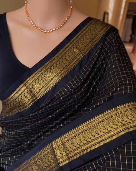 BLACK SILK COTTON SAREE WITH CHECKS