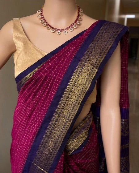 MAGENTA COTTON SILK SAREE WITH CHECKS