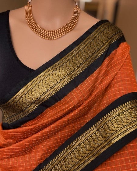 ORANGE CHECKS COTTON SILK SAREE