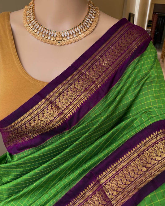 PARROT GREEN CHECKS COTTON SILK SAREE